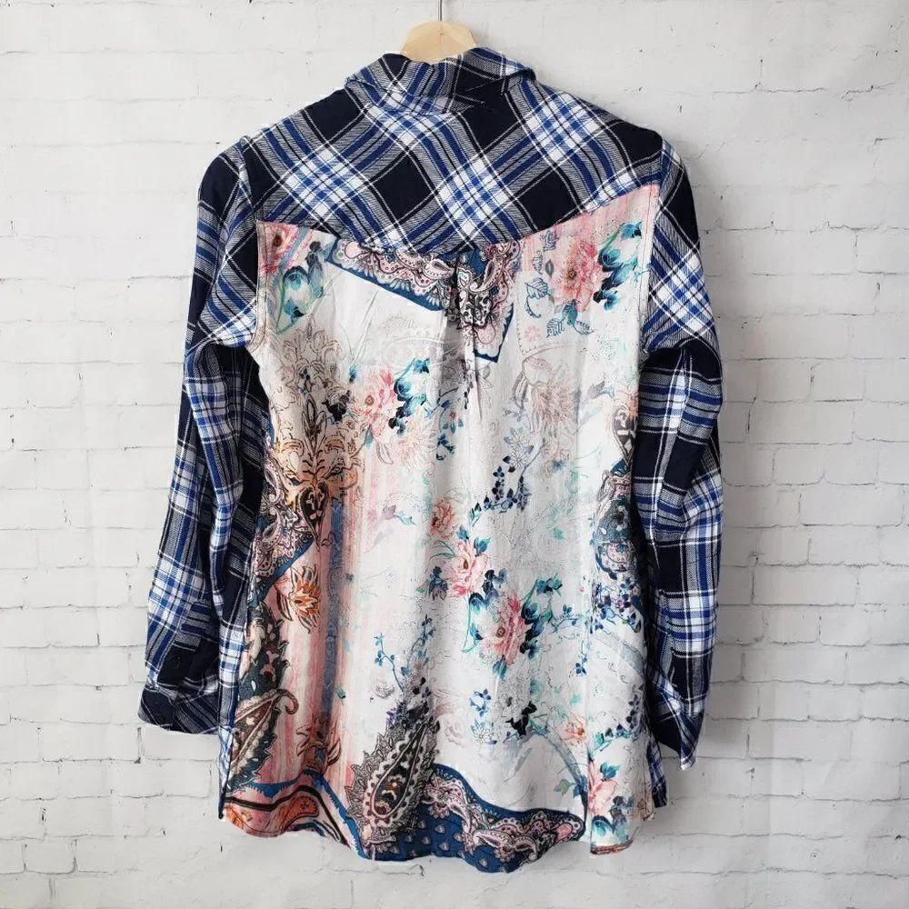 Tolani Anthropologie XS Petite Neicy Plaid Blue Floral Button Up Tunic Top NEW